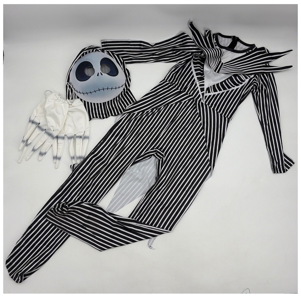 Jack Skellington Kids Costume Set Pinstripe Jumpsuit Mask Gloves EU 140 US 8/10